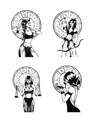 Hand drawn illustrations and silhouettes of monochrome arts of astrological signs and beauty women.