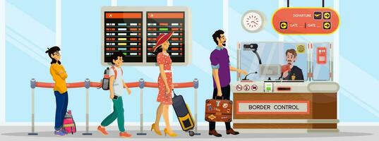 Vector Illustration of passport and border control. Family standing in queue.