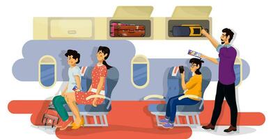 Vector flat illustration of passengers in a cabin of plane during the flight.