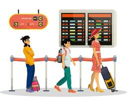 Vector cartoon illustration of queue in airport or railway station. Family concept.