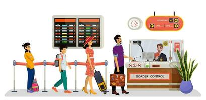 Vector Illustration of passport and border control. Family standing in queue.