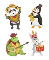 Illustration of a panda, a penguin, a turtle, a hare, that play musical instruments vector