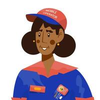 Vector cartoon illustration of woman who is seller of sim cards and fare for mobile phones.
