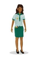 Vector Illustration of woman security guard or police officer on white isolated background.