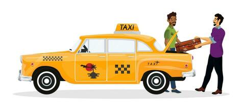 Vector illustration of happy man which going to go on a retro taxi on holiday.