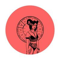 Vector monochrome symbol or icon with astrological sign and romantic beauty woman. Zodiac art.