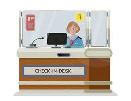 Vector cartoon illustration of check in desk or registration desk in airport.