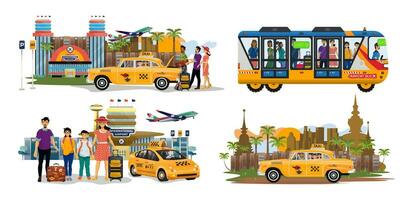 Collection of flat illustrations of trip on a taxi and bus shuttle, posing near airport. vector