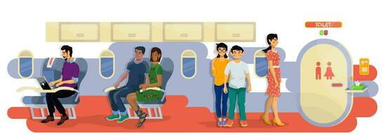 Vector flat illustration of passengers in a cabin of a plane in a queue to toilet during the flight.