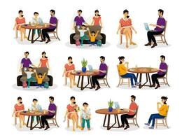 Big collection of people and characters. Situations with happy family at the table and on the sofa. vector