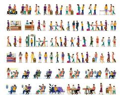 Big collection of people and characters in airport, on plane, go on holiday, go on taxi. vector