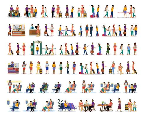 Big collection of people and characters in airport, on plane, go on holiday, go on taxi.