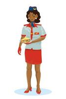 Vector flat illustration of stewardess or conducctor serving food.