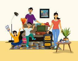 Vector illustration of happy family going to travel. Parents and their children packing suitcases.
