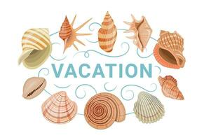 Vector cartoon banner template for sea theme of colorful seashells on white background.