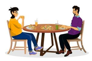 Vector cartoon illustration of happy family at the table on white isolated background.