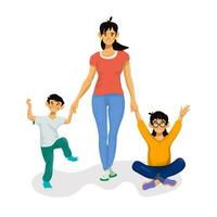 Mother spends time and play with her kids. Fun parent and children. vector