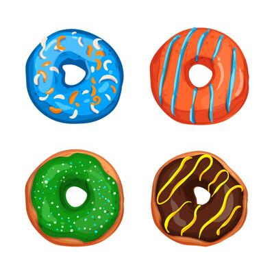 Collection of vector illustrations of bright and appetizing donuts