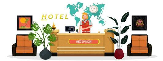 Vector flat illustration of reception of modern hotel. Luxury lobby on white isolated background.