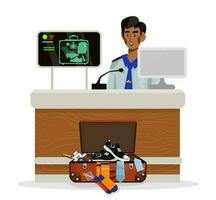 Vector illustration of desk of security search with inspector and passengers or tourists in airport.