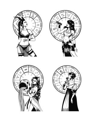 Hand drawn illustrations and silhouettes of monochrome arts of astrological signs and beauty women.