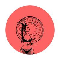 Vector monochrome symbol or icon with astrological sign and romantic beauty woman. Zodiac art.