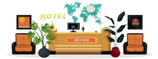 Vector flat illustration of reception of modern hotel. Luxury lobby on white isolated background.