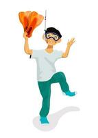 Boy jump with flippers on white background. Vector isolated background. Boy going to vacation.