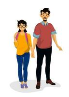 Father with his happy daughter going to summer holiday. Vector illustration of single parent.