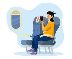 Vector flat illustration of passengers in a cabin of plane during the flight.