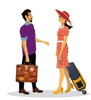 Vector cartoon illustration of husband and wife holding hands and going to vacation.