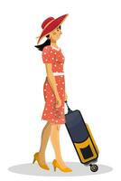 Vector cartoon illustration of woman or girl character in airport on white background.