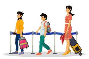 Vector cartoon illustration of queue in airport or railway station. Family concept.