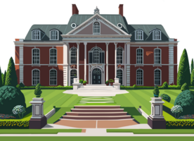 A wonderful and elegant front view of school facade with its spacious courtyard covered with green grass. illustration., ai generated png