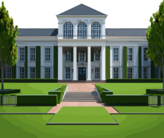 A wonderful and elegant front view of school facade with its spacious courtyard covered with green grass. illustration., ai generated png