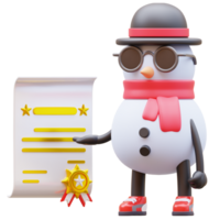 3d boneco de neve personagem pegue certificado png