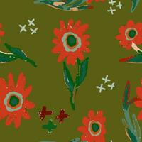 a pattern with red flowers and crosses on a green background vector