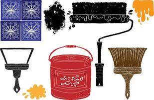 various tools and paint cans on a white background vector