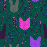 a pattern with cats and flowers on a green background vector