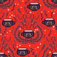 a pattern with tea cups and flowers on a red background vector