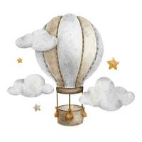 Beige Hot Air Balloon with basket flying in clouds and stars. Cute baby aircraft. Watercolor illustration. Isolated. Design for kid's goods, clothes, postcards, baby shower and children's room vector