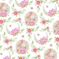 Pink lotus,sun and pink moon. Floral moon. Watercolor seamless pattern. Esoteric signs and symbols. Isolated. Print for design, print, fabric or background. vector