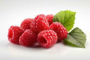 Raspberry on white background. Juicy red berry, fresh and sweet. Generated AI. photo