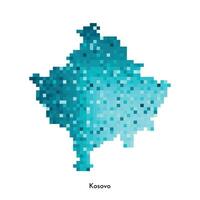 Vector isolated geometric illustration with simplified icy blue silhouette of Kosovo area map. Pixel art style for NFT template. Dotted logo with gradient texture on white background