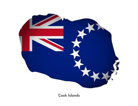 Vector illustration with Cook Islands national flag with shape of this map simplified. Volume shadow on the map.
