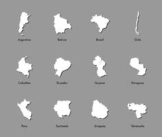 Vector illustration set with simplified maps of all South America states, countries Argentina, Brazil, Chile, Ecuador, Peru and others. White silhouettes, grey background. Alphabet order