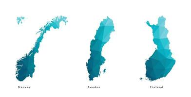 Vector isolated illustration icon with simplified blue maps of north european states - Norway, Finland, Sweden. Polygonal geometric style, triangular shapes. White background.