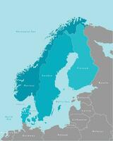 vector aislado ilustración. simplificado político mapa de escandinavo y del Norte Europa países en azul colores Suecia, Finlandia, Noruega, Dinamarca y más cercano areas en gris. fronteras de el estados