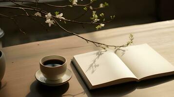 Photo of a cup of coffee and an open book on a table AI Generated