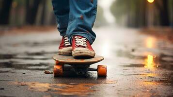 A skateboarder gliding through a rainy street AI Generated photo